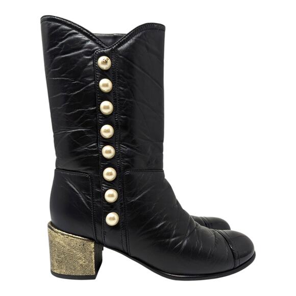Chanel 2016 black leather calf height pearl button gold heel boots CC logo 36.5 - Picture 4 of 15